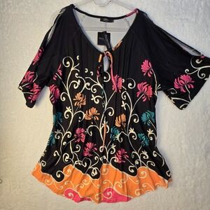 Cold Shoulder Floral Womens Large‎ Tunic Top Bloomcore Colorful Whimsical Resort